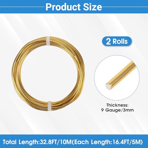 2 Rolls Aluminum Craft Wire, 9 Gauge (3mm) Flexible Metal Wire for Jewelry Making, 32.8 Ft (16.4 Ft/Roll) Bendable Armature Wire for Bonsai, Sculpting and DIY Crafts [Gold] - size: 9Gauge 16.4Ft Each, style: Gold
