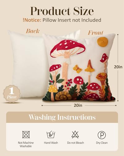 Embroidered Throw Pillow Cover 20x20 Inch, Mushroom Moon | Decorative Pillow Cover, Boho Cottagecore Cushion Case with Hidden Zipper, Home Decor for Couch, Sofa, Living Room, Bedroom - color: Mushroom Moon, size: 20" x 20" (Pack of 1)