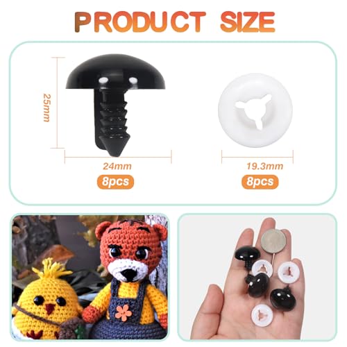 TOAOB 8pcs 24mm Large Safety Eyes for Amigurumis Black Plastic Crafts Doll Eye with Washers for DIY Crochet Stuffed Animals Doll Making Supplies - color: Black, size: 24mm