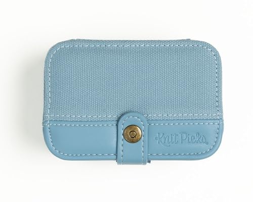 Knit Picks x DellaQ Short Interchangeable Knitting Needles Set with Case | 7 sizes of blue 2.75 inch long knitting needles, US 4-10, includes Dusty Blue Canvas and Faux Leather Buddy case - color: Dusty Blue and Short Blue Needles