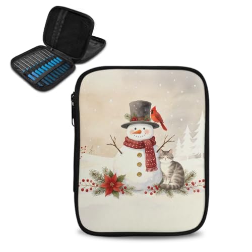 Hechitok Christmas Snowman Cat Crochet Hook Case Empty Zipper Bags Organizer Travel Crochet Storage Bag with Web Pocket for Carrying Various Crochets and Knitting Accessories - color: Christmas Snowman Cat