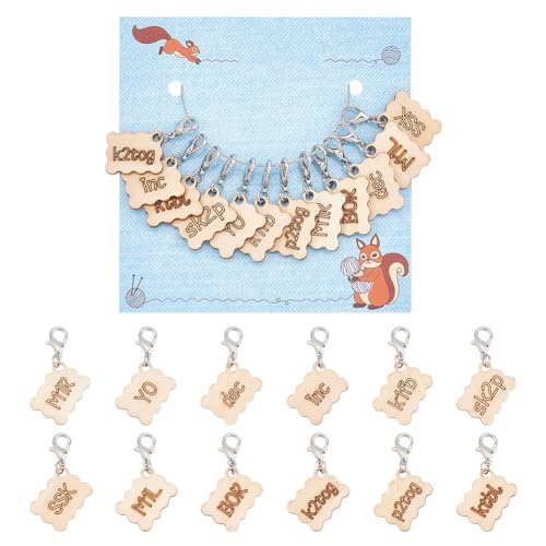 NBEADS 12 Pcs 12 Styles Wood Rectangle Stitch Markers with Lobster Clasp, Knitting Crocheting Accessories for Direction Guidelines