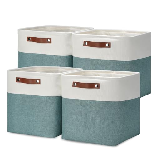 DULLEMELO Set Of 4 Cube Storage Bins, Fabric Storage Basket for Shelves Closet Nursery Toy Storage, 12 inch Fabric Storage Cubes Bins Canvas Organization Baskets (White&Deep Green) - color: White&Dark Green, size: M-12"x 12"x12"