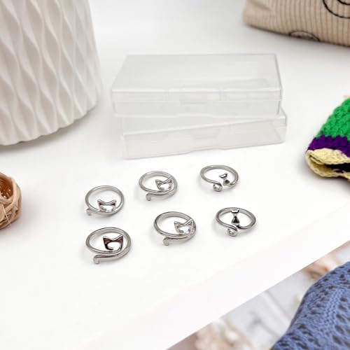 6PCS Silver Adjustable Crochet Tension Rings Set, Cat Yarn Guide Finger Rings with Storage Box for Knitting & Crochet ﻿