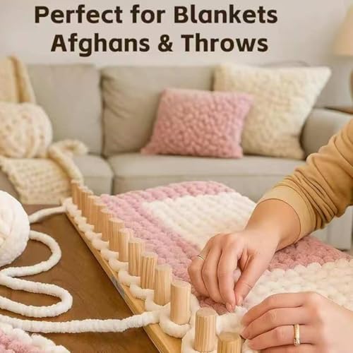 46" Chunky Blanket Loom – Adjustable Wooden Hand Knitting Loom, DIY Finger Knitting Loom Kit, No Needles Required Portable Weaving Loom for Bulky Blanket Making, Reusable Crochet Loom Crafts | Removable