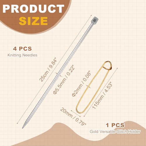 MECCANIXITY 4Pcs I(5.5mm) Single Pointed Knitting Needles Set, 9.8" Length Stainless Steel Crochet Needle with Versatile Stitch Holder for Beginner, Crocheter DIY Making, Silver - size: I(5.5mm) 9.8" Length