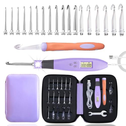 Yarniss 18 Size Digital Counting Crochet Hooks Set with Light 2.0mm~14.0mm | Lighted Crochet Hooks That Count Stitch & Row, Interchangeable Metal Head - color: Purple-18 Size with Light & Counter