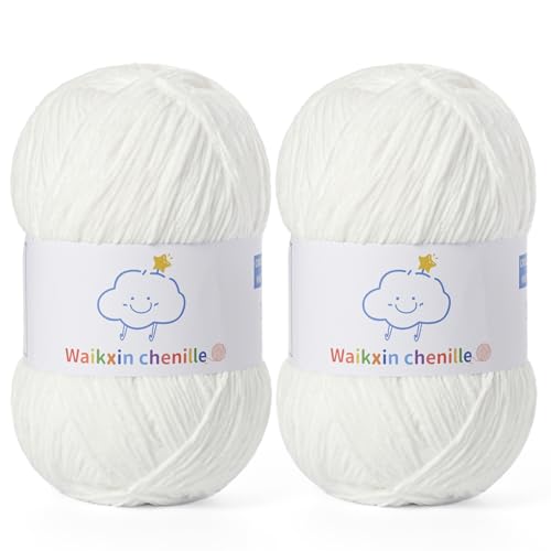 Fluffy Chenille Yarn for Crocheting，Baby Yarn for Crocheting Soft，2 Pack of 100g/3.5oz Velvet Amigurumi Yarn ，Fingering Weight Yarns for Crocheting Baby Blankets、DIY Craft.(2 Snow White) - color: [2 Snow White]