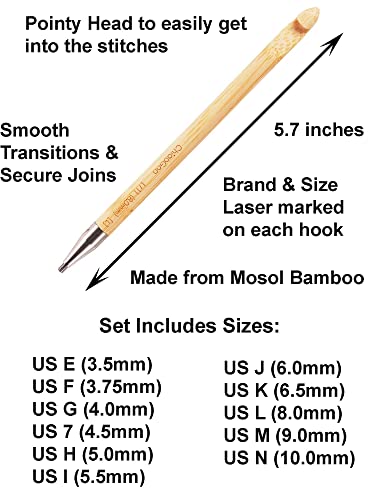 ChiaoGoo T-Spin Tunisian 5.7-Inch Complete 1500-C Crochet Hook Set | US E, F, G, 7, H, I, J, K, L, M, N, Pointy Head, Stainless Steel Join, 4 Red Twist Cables, Project Bag