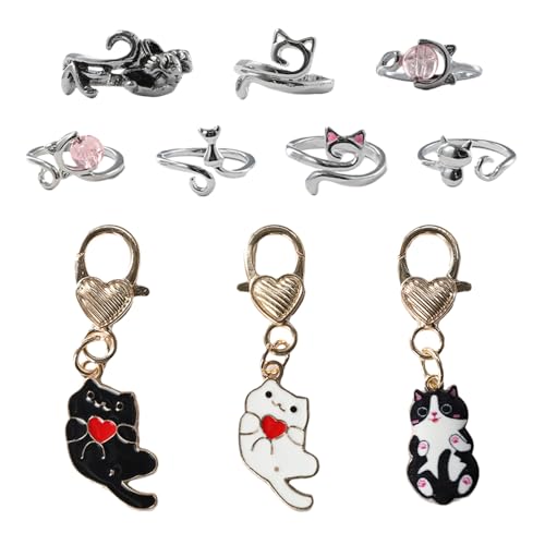 7PCS Crochet Ring for Finger, Adjustable Crochet Tension Ring, Practical Tension for Crocheting, for Knitted Accessories, with 3 Kitten Pendants