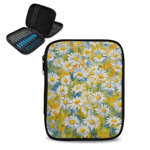 Hechitok Daisy Print Crochet Hook Case Zipper Storage Organizer Bag with Pockets for Various Crochet Needles/Knitting Accessories/Crochet Hook Kit Tools - color: Daisy Print