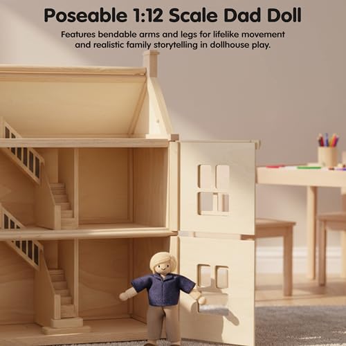 PlanToys® Mother Dollhouse Figurine Wooden Poseable 1:12 Scale 5-Inch Doll | mom character, doll house people accessories, bendable arms, girls pretend play, montessori storytelling role gift ages 3+ - color: Caucasian Dad
