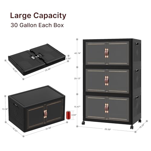 UAMFURI Stackable Storage Bins with Lids, 360QT Lockable Storage Cabinet | Folding Storage Box with Doors and Wheels, Collapsible Plastic Drawers for Home, Garage, Office - color: Black, size: Large