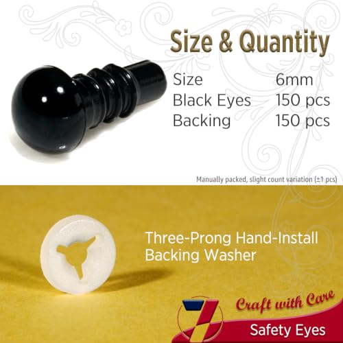 SEVENSUN 6mm Safety Eyes for Crocheting, 300pcs Black Crochet Eyes for Crochet Animals, amigurumi Eyes for Crafts, Craft Eyes for amigurumi Stuffed Animals Eyes - size: 6mm