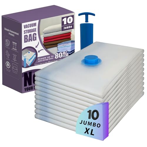 10 XL Jumbo Vacuum Storage Bags with Pump | Extra Large Compression Space Saver, For Comforter, Duvet, Blanket, Bedding, Vacuum Seal for Clothing
