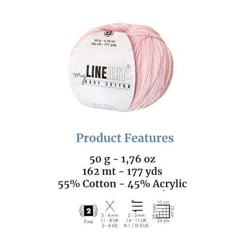 Baby Cotton Yarn, 55% Cotton 45% Acrylic, Fine (2) for Crochet and Knitting 1.76 Oz (50g) / 177 Yrds (162m), Soft Yarn, Amigurumi Yarn - color: Baby Pink, size: 1 Skein
