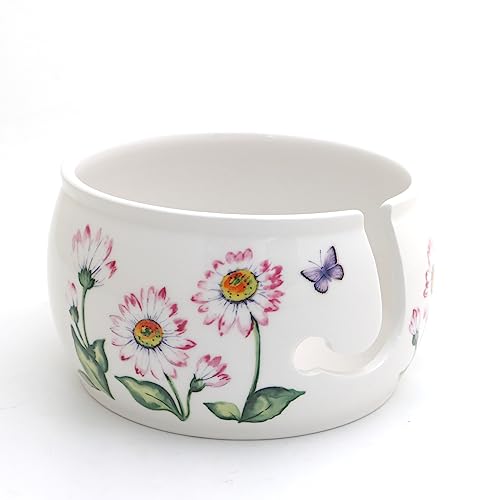 Daisy Ceramic yarn bowl, pink daisies LennyMud by Lorrie Veasey