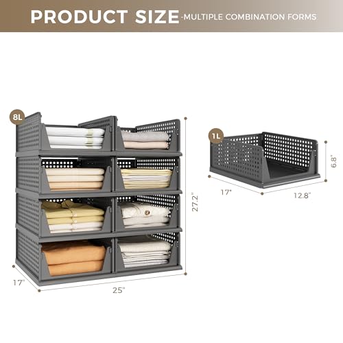 8 Pack Closet Organizer Storage Bins Stackable Plastic Drawer Shelf | Basket for Clothing Stackable Storage Bins Shelf Storage Container for Closet Wardrobe Bedroom Bathroom Office Grey Foldable - size: 8 Pack L