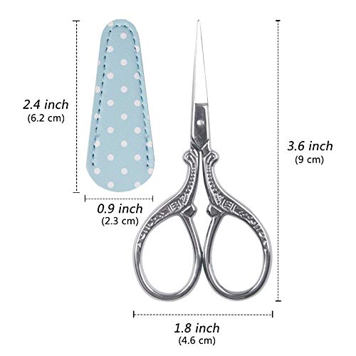 Vintage Embroidery Scissors 3.6 inch Sharp Mini Crochet Cross Stitch Travel | Craft Scissors Shears for Crafting Fabric Scissor for Art Work Threading Needlework DIY Tools with Leather Scissor Cover - color: Silver