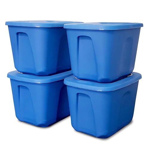 HOMZ 4-Pack Durable Molded Bin, Plastic Storage Containers w/Lids, 10 Gallon, Blue - Stackable Organizer Totes and Boxes for Bedroom, Kitchen, and Garage Organization - color: Blue, size: 10 Gallon (4 Pack)