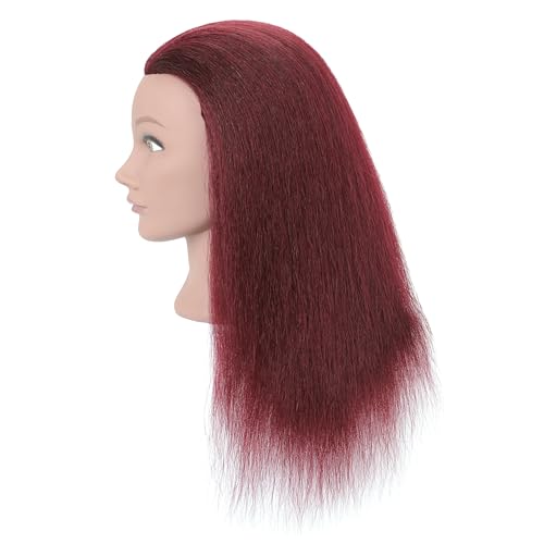 100% Real Human Hair Mannequin Head with Stand Manikin Cosmetology Doll Training Head for Hairdresser Practice Braiding Styling Curling Cutting Display - color: Winered