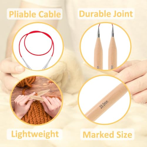 Yarniss Jumbo Circular Knitting Needles 25mm Beech Wood Extra Large Set | 39 Cable Jumbo Circular Knitting Needles