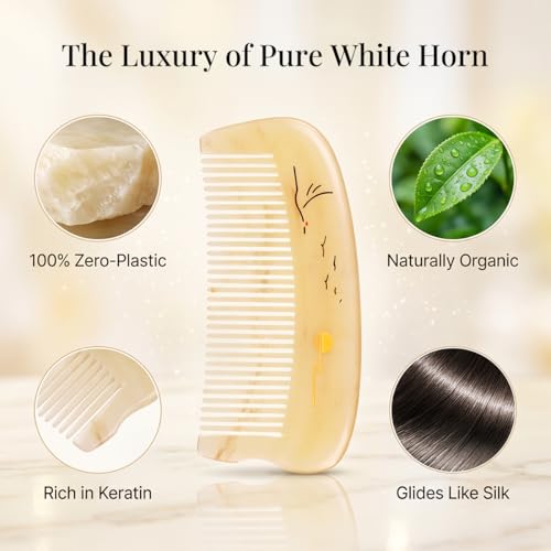 TAN MUJIANG Handmade White Horn Hair Comb for Women, Natural Anti Static Detangling Comb, Portable Travel Comb for Fine, Straight & Wavy Hair, Premium Gift Box Included