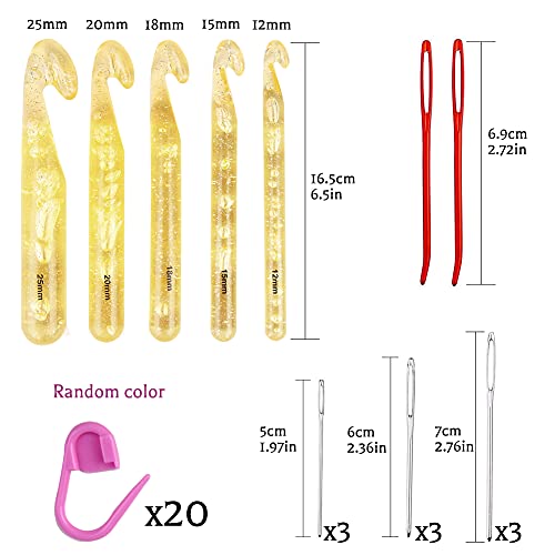Mayboos 37 Pcs Large Crochet Hooks, 25mm 20mm 18mm 15mm 12mm Crochet Hooks | with 9 Pieces Large Eye Blunt Needles, Large Crochet Hooks for Chunky Yarn, Handmade DIY Crafts, Carpets, Scarves - size: 12mm-25mm