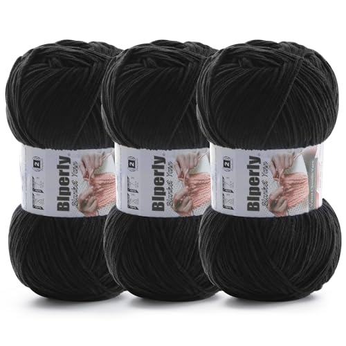 Skinny Chenille Yarn for Crocheting and Knitting - 3 Pack of 100g/317yds Ultra Soft Fluffy Plush Velvet Yarn - #2 Crochet Yarn for Amigurumi, Blankets, Plush Dolls, Baby Clothes (3, Black) - color: Black