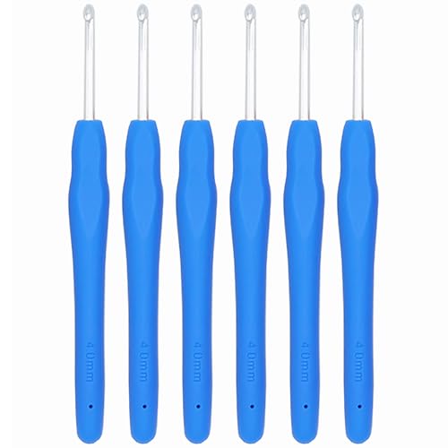 6Pcs 4mm Aluminum Soft Grip Rubber Ergonomic Handle Crochet Hook Knitting Needles US Size G (Size 6) for DIY Yarn Craft,Nice Gift for Women Adults Kids Children Beginners (Blue) - size: 4mm