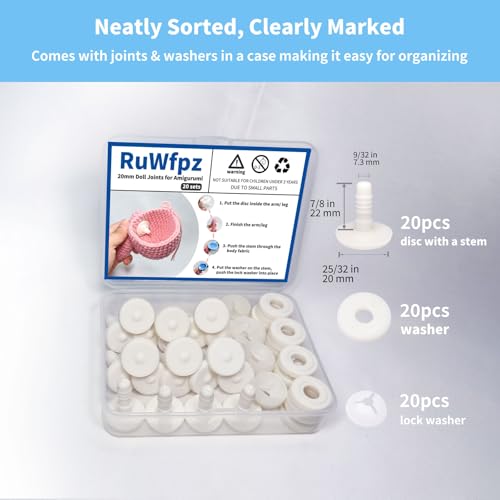 RuWfpz Doll Joints for Amigurumi Crochet 20mm 20 Sets Plastic White 13/16" | Add More Flexibility, Toy Safety Joints for Stuffed Animals, Movable Amigurumi Crafts Teddy Bear Joints for Arm Leg Neck - size: 20 mm