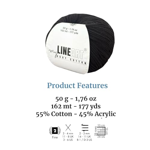 Baby Cotton Yarn, 55% Cotton 45% Acrylic, Fine (2) for Crochet and Knitting 4x1.76 Oz (4x50g) / 4x177 Yrds (4x162m), Soft Yarn, Amigurumi Yarn - color: Black, size: 4 Skeins