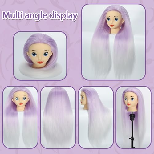 Mannequin Head with Hair 24" Cosmetology Manikin Doll Head for Styling Hairdresser Practice Braiding Training Head Practice Cosmetology with Free Clamp Holder Cute Face Big Eyes (Ombre Purple) - color: Ombre Purple