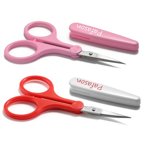 PAFASON Small Travel Sewing Crafting Scissors Set Straight Curved Tip | Stainless Steel for Quilting DIY Knitting Embroidery Cross Stitch Crochet Thread Yarn Paper Detail Cutting Safety Case - color: Curved 3.5in Red + Straight 4in Pink