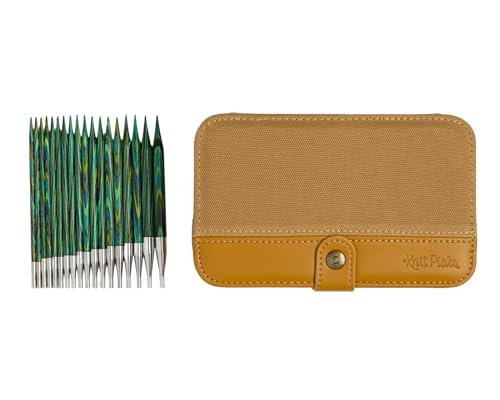 Knit Picks x DellaQ Interchangeable Knitting Needles Set with Buddy Case | 9 sizes of green 4.75 inch long knitting needles, US 4-11, includes Mustard Canvas and Faux Leather case - color: Mustard and Regular Caspian Needles