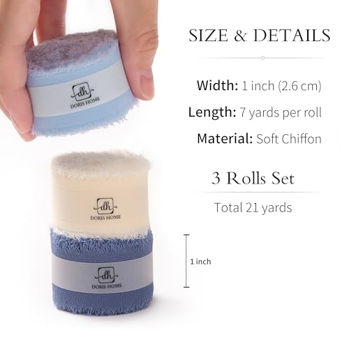 DORIS HOME Handmade Frayed Fringe Chiffon Ribbon 1" x 21Yd Blue & Ivory | Fabric Ribbon, For Flower Bouquet/Gift Wrapping/Wedding Invitations/Party Decorations - color: Blue and Ivory