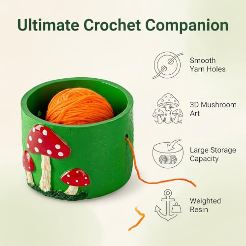 Green Resin Mushroom Yarn Bowl Holder with Dual Holes for Knitting Crochet | Green resin mushroom yarn storage bowl with side outlet holes to keep yarn smooth and tangle-free for knitting and crochet.