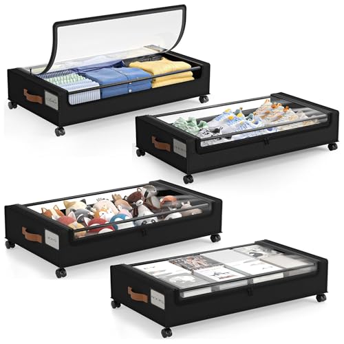 LAMU Under Bed Storage with Wheels, 4Pack Underbed Storage Containers,Black | Smooth-rolling Wheels, Clear Lid & Label, Sturdy Metal Frame, Easy Install, Rolling Storage Drawers for Clothes, Shoes, Toys - color: Black, size: 4 Pack