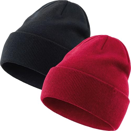 100% Cotton Beanie Hat Winter Hats Women Men Warm Knit Beanies | Double Layer Warmth ,Ultra-Soft Itch-Free Pure Cotton Knitted, Cuffed & Uncuffed Fisherman Slouchy Skull Cap for Womens Mens - color: 2pcs-(black + Red)