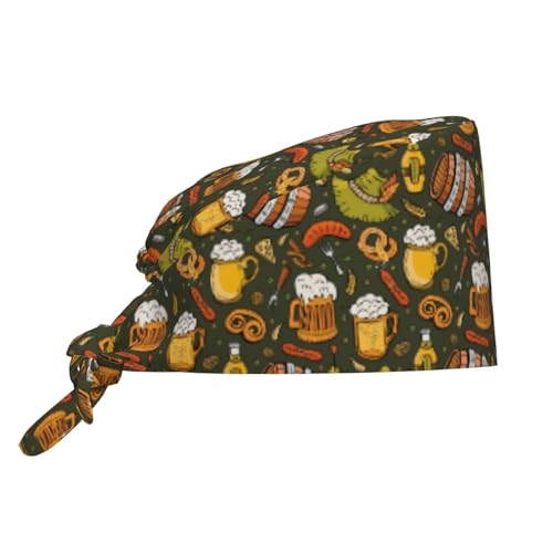 MOLIAN Dental Tooth Adjustable Working Cap Surgical Headgear for Women Men | Adjustable Tie Back Scrub Caps with Button Built-in Sweatband Working Cap for Nurses Doctors and Workers - color: Doodle Beer Oktoberfest
