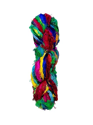 Maker's Craft Recycled Fuzzy Fringes Sari Silk Ribbon Yarn 35yards, 100Grams for DIY Knitting Crocheting Gift Wrapping, Christmas Decoration, Macrame Makers, Jewelry Making, Rugs Hooking (Multicolor) - color: Multicolor