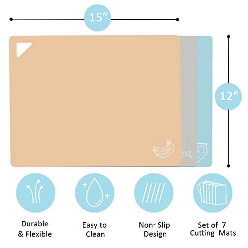 7 Pieces Plastic Flexible Cutting Boards for Kitchen, BPA- Free,15"x12" | Non Slip Cutting Mats with Food Icons, Easy-Grip Handles - color: Soft Colors