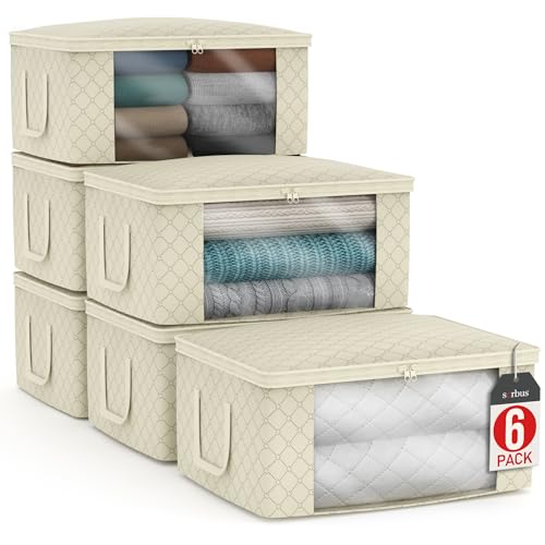 Sorbus Medium Clothes Storage Bags - Foldable Blanket Storage Bins for Organizing Bedroom, Closet, Clothing, Comforter, Organization with Clear Window, Lids and Carry Handles - Set of 6 - color: Beige, size: 6 Pack Large