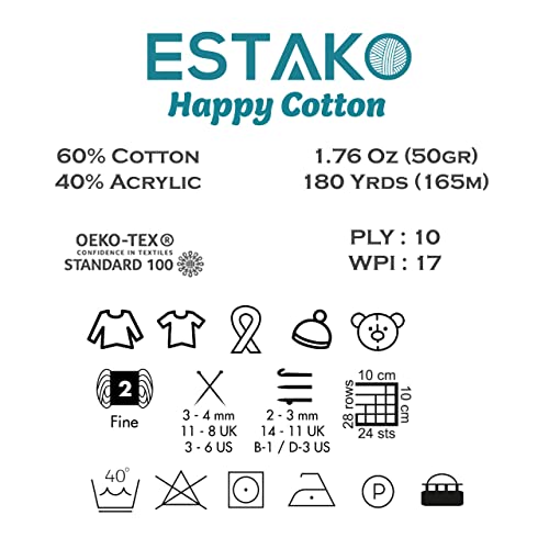 Estako Happy Cotton 60% Cotton 40% Acrylic Yarn, Sport Weight 2, Denim Blue | soft, fine, 50 g, 180 yds, baby clothes, amigurumi, 2-3 mm hook, summer tops, hats, blankets - color: 4230 - Denim Blue, size: 1 Skein