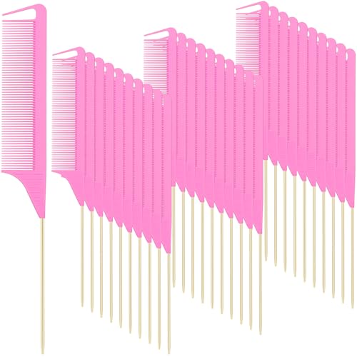 Patelai 30 Pcs Rat Tail Steel Combs Fine Tooth Bulk,Pink and Gold | Long Steel Pin Pintail Bulk for Salon Hair Stylists ,Hair Teasing Fine Tooth Comb for Women,Teasing Detangling Tools - color: Pink and Gold