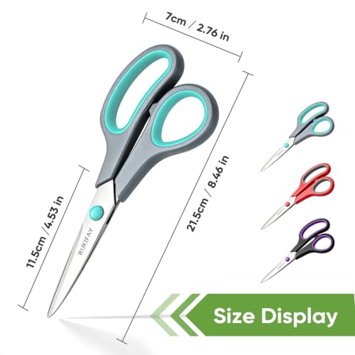 Scissors All Purpose Heavy Duty 3Pack, RUKIFAY 8"Scissors for Office School | Sharp Shears Bulk Set for Home Craft Fabric Sewing Supplies Middle Student Classroom Teacher Comfort Grip Right/Left Handed - color: 3 Pack
