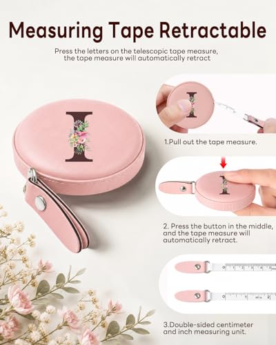 Maicican Retractable Tape Measure, Pink Leather Sewing Measuring Tape, I | with Initial A-Z, 60"/1.5m Soft Sewing Measuring Tape for Body Measurements, Portable Small Fabric Ruler - color: Tape Measure-Pink I