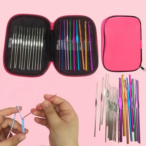23 PCS Crochet Hooks Set Ergonomic Aluminum Handles Steel Tips Yarn Needles Crochet Accessories with Storage Case(Pink) - color: Pink