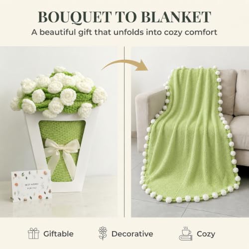 Rose Crochet Flower Bouquet Blanket, Handmade Knitted Throw Blanket | Christmas, Valentines, Mothers Day, Birthday, Anniversary Unique White Rose Bouquet Gifts for Mom Wife Girlfriend, 43 Inch - color: White Rose, size: Medium