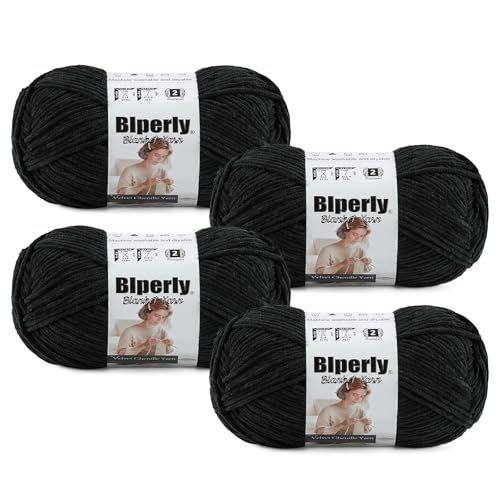 Skinny Chenille Yarn for Crocheting #2 Black Thin Baby Blanket Plush Yarn | 4 Pack of 158 Yds, 1.7 Oz Sport Fingering Weight Fine Yarn, Soft Fluffy Velvet Yarn for Crochet knitting Blankets, Amigurumi - color: Black